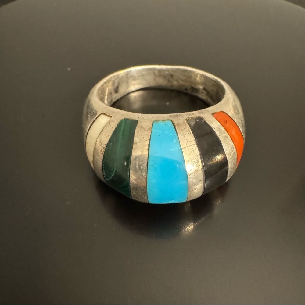 Heavy Vintage Southwestern Sterling Silver Channel Inlay Ring